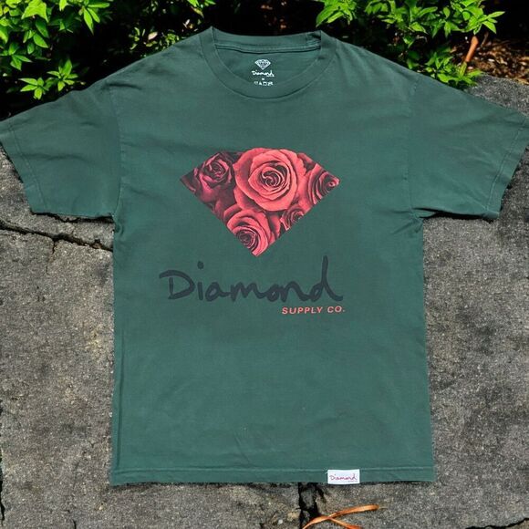 Diamond Supply Co. Streetwear Roses Logo Hunter Green T-Shirt Men's Size Medium - Picture 1 of 8